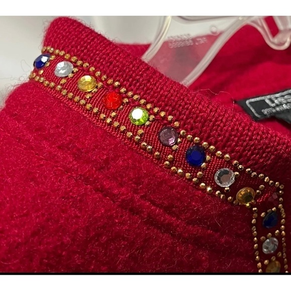 Lisa International Sz S 100% Boiled Wool Red Rhinestone Zip Up Cardigan Sweater - Picture 3 of 6